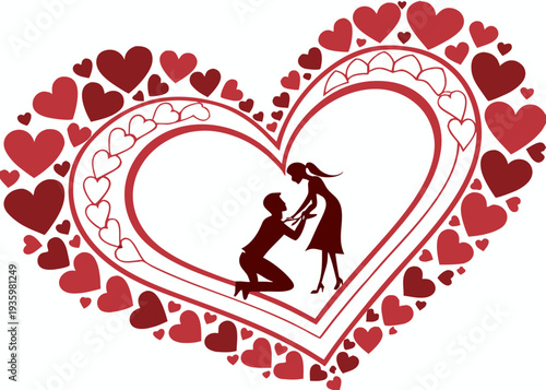 Silhouette of a man proposing to a woman within a decorative heart, vector