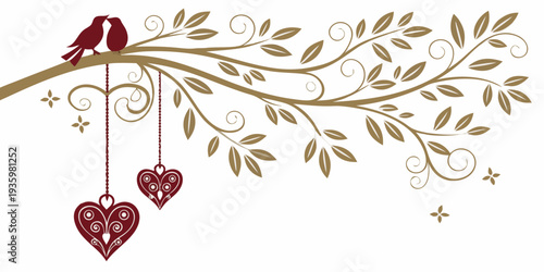 Decorative tree branch with love birds and hanging hearts, vector