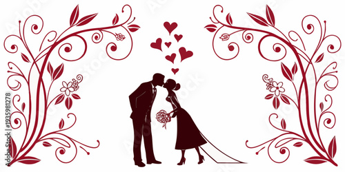 Silhouette of a bride and groom kissing under a floral arch, vector