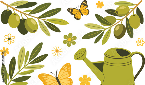 Olive branch leaves and flowers with butterflies and watering can on white background