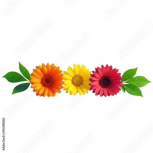 Brightly colored flowers with green leaves on a white background
