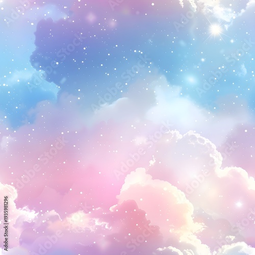Dreamy Pastel Sky with Fluffy Clouds and Sparkling Stars, Ethereal Background for Fantasy and Magic