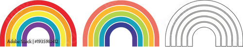 Rainbow arc designs are presented in three variations, including two vibrant full-color spectrums and a clear, simple outline, all neatly arranged on a pristine white background.