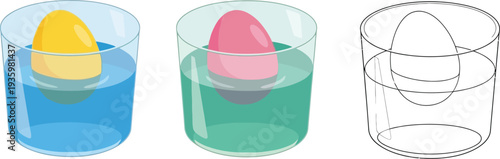 Eggs in yellow and pink hues are depicted floating within beakers of blue and green liquid, alongside an outline version illustrating a scientific density experiment.