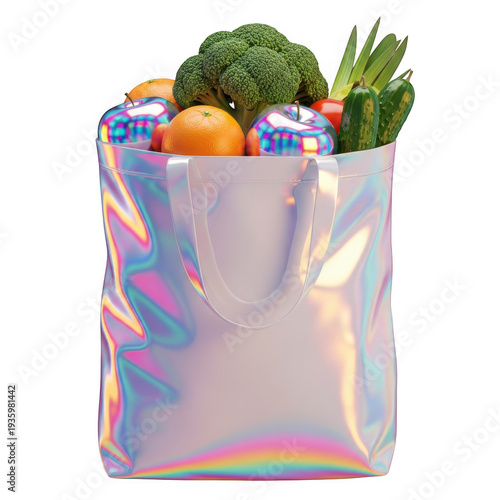 Colorful reusable shopping bag filled with fresh fruits and vegetables