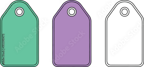 Blank price tags in teal and purple colors are presented with an additional outline version, providing versatile graphic resources for labeling, retail, and design projects.