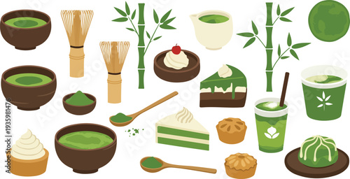 Matcha green tea ingredients and accessories illustration