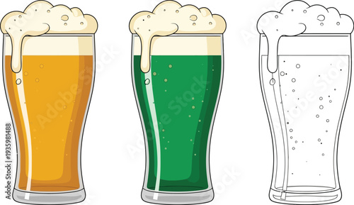 Beer glasses filled with yellow and green liquid are shown alongside an empty outline glass, all topped with frothy foam, depicting different stages or types of beverages for various occasions.