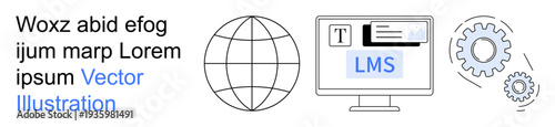 Online education, e-learning platforms, global connectivity, technology development, learning systems, user interface. Globe, computer with LMS text gear icons. Online education and e-learning