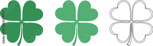 Two identical green four-leaf clovers are presented side-by-side with a detailed black and white line drawing for tracing or coloring activities.