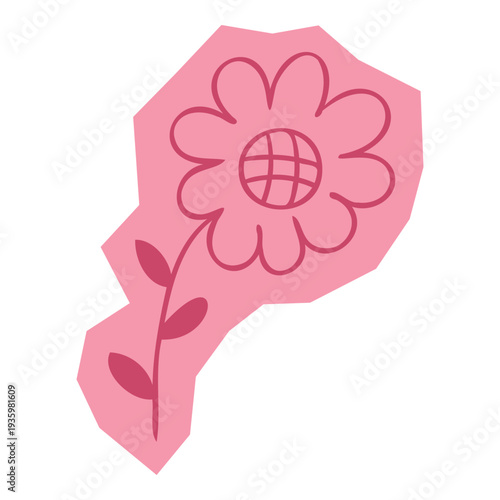 Hand drawn doodle sticker flower with round petals and a long stem for scrapbook and journal. Vector illustration design.