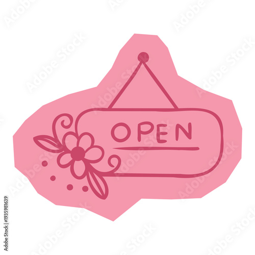 Hand drawn doodle sticker hanging open sign with flower and decorative swirls for scrapbook and journal. Vector illustration design.