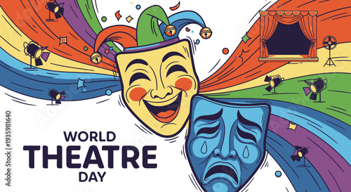 World Theatre Day Celebration with Comedy and Tragedy Masks.