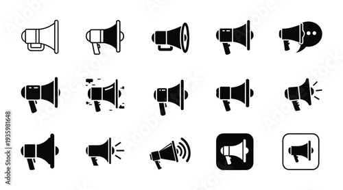 Diverse megaphone and loudspeaker icon collection with speech bubbles and UI symbols