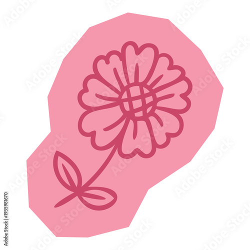 Hand drawn doodle sticker simple flower with round petals and a long stem for scrapbook and journal. Vector illustration design.