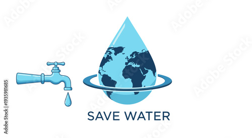 Save Water Campaign with Globe and Dripping Tap Illustration.