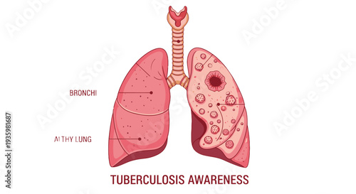Tuberculosis Awareness Illustration of Infected Lungs and Bronchial System.