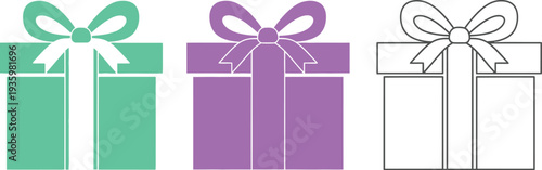 A collection of three gift boxes featuring teal, purple, and outline styles illustrates concepts of celebration and giving presents.