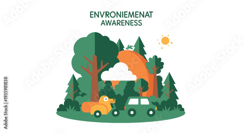 Environmental Awareness Illustration with Forest and Vehicles.