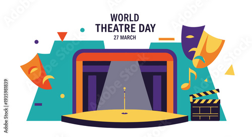 World Theatre Day celebration with stage and masks.
