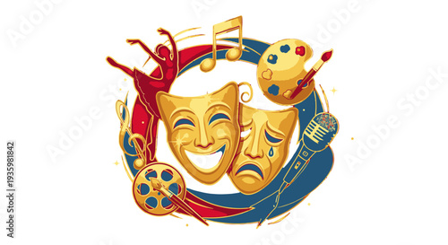 Theater masks symbolizing comedy and tragedy surrounded by artistic elements.