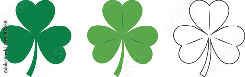 Three distinct representations of a green shamrock symbol are displayed, offering solid fill, shaded color, and a clean black and white outline for use.