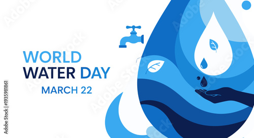 World Water Day illustration with water droplet and faucet.