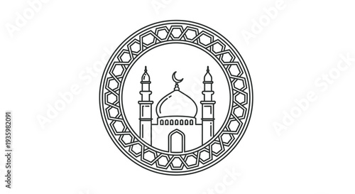 Islamic Mosque Emblem with Crescent Moon and Minarets, Geometric Pattern Border