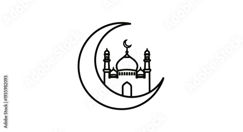 Crescent Moon with Mosque Icon: Islamic Symbol, Ramadan, Eid, Religious Iconography