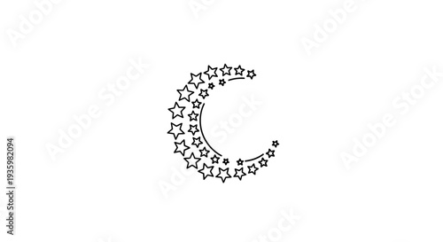 Crescent moon made of stars, minimalist outline graphic, night sky concept