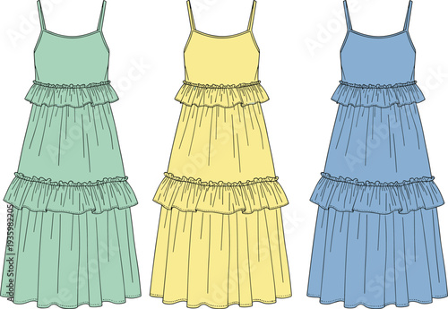 Technical fashion flat sketch of women's tiered ruffle maxi sun dresses with spaghetti straps, summer garment CAD drawing vector illustration