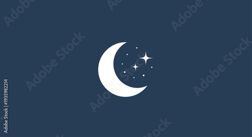 Simple Crescent Moon and Stars Icon on Dark Blue Background