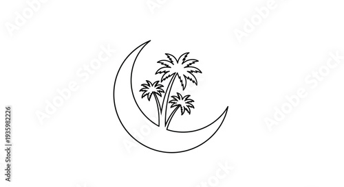 Crescent moon with palm trees silhouette icon on white background