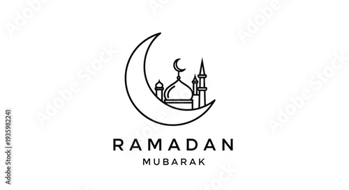 Ramadan Mubarak crescent moon and mosque icon, Islamic greeting, minimalist line art