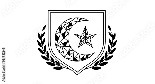 Islamic Symbol Crest with Moon and Star, Laurel Wreath, Geometric Design