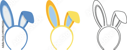 Two colorful bunny ear headbands, one blue and one yellow, are shown next to a simple black and white outline version.