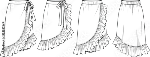Technical fashion flat sketch of women's ruffle wrap skirts with tie waist and elasticated variants, asymmetrical hem CAD drawing vector