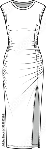 Technical fashion flat sketch of a women's sleeveless ruched bodycon maxi dress with side slit, crew neck CAD drawing vector