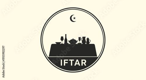 Iftar Meal Silhouette Emblem with Crescent Moon and Star