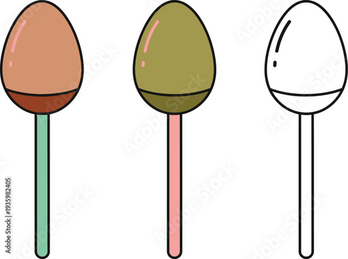 Three lollipop treats on sticks are shown in colored and outline formats, featuring chocolate dipped rounded tops.