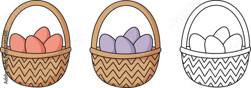 Three woven baskets containing colored and uncolored eggs are presented side-by-side for holiday decoration concepts.
