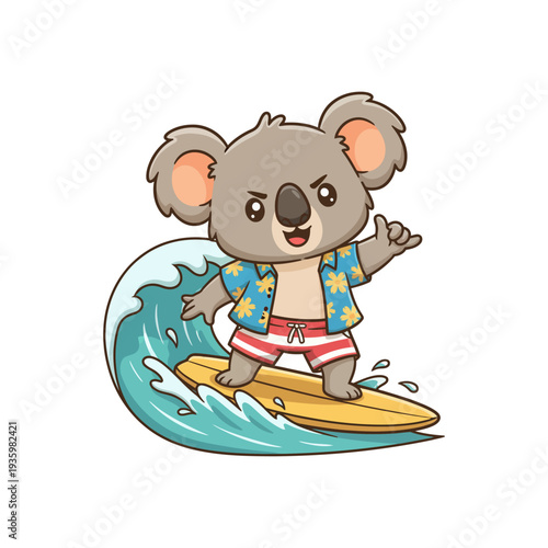 Cute koala surfing on a wave, enjoying summer vacation on a surfboard wearing a Hawaiian shirt and shorts, cartoon illustration for kids