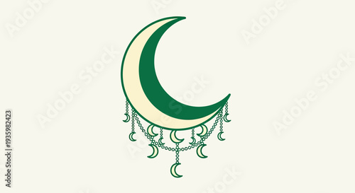 Crescent moon with hanging moon charms and chain, celestial, mystical, boho style