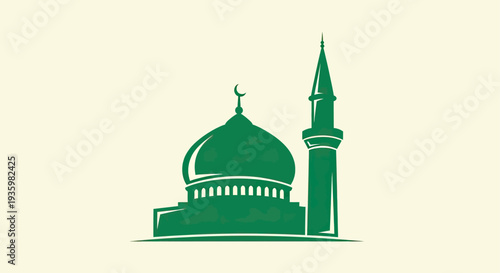 Green Mosque Silhouette with Minaret on Beige Background