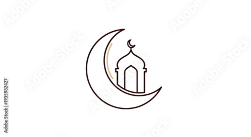 Islamic crescent moon and mosque silhouette on white background