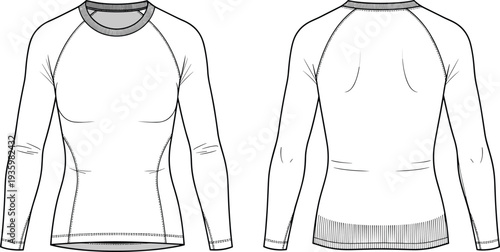 Technical fashion flat sketch of a women's raglan long sleeve compression sports top, athletic crew neck shirt CAD drawing vector