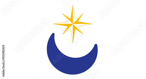 Blue crescent moon with a golden star above on a white background