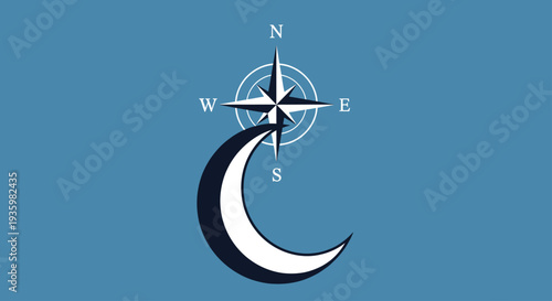 Compass Rose and Crescent Moon on Blue Background