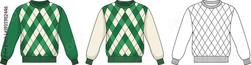 Three variations of a long-sleeved argyle pattern sweater, including colored and outline versions, are displayed for clothing design.