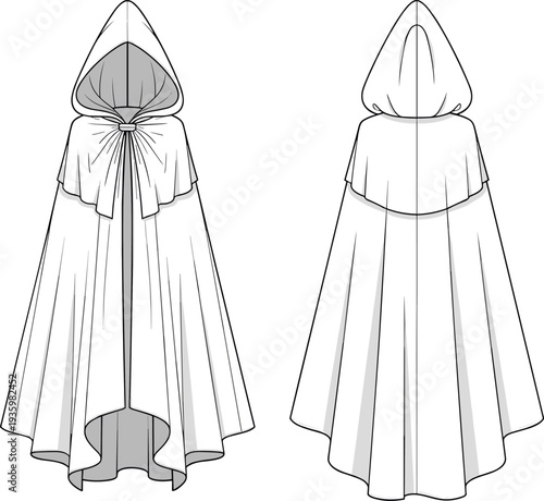 Technical fashion flat sketch of a hooded cloak with draped shoulder capelet, long flowing fantasy robe garment CAD drawing vector
